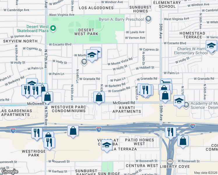 map of restaurants, bars, coffee shops, grocery stores, and more near 6233 West Berkeley Road in Phoenix