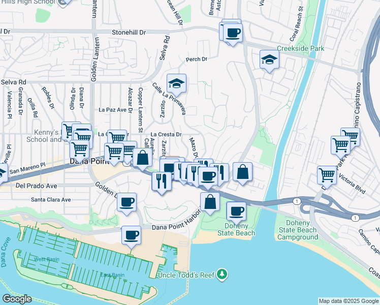 map of restaurants, bars, coffee shops, grocery stores, and more near 34088 Crystal Lantern in Dana Point