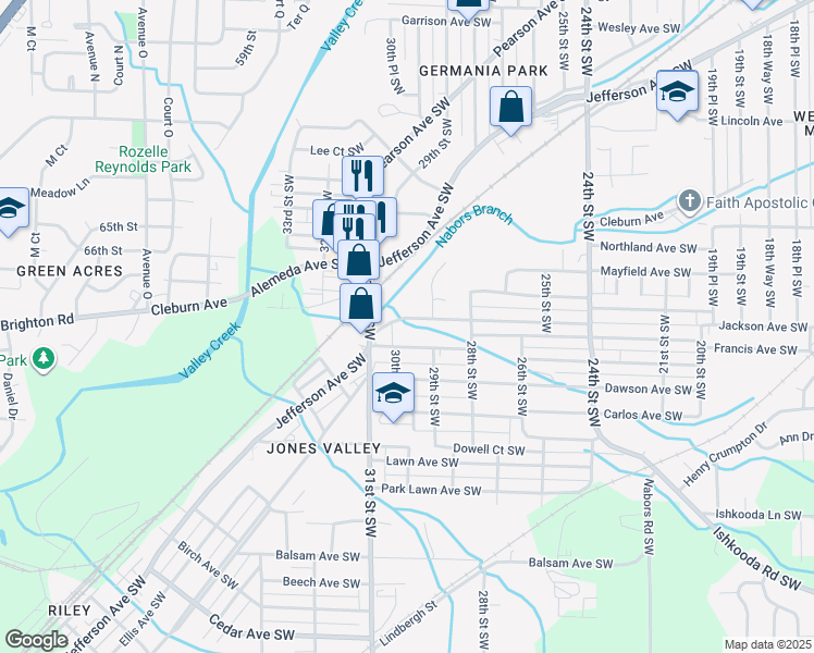 map of restaurants, bars, coffee shops, grocery stores, and more near 2925 Brookhaven Avenue Southwest in Birmingham
