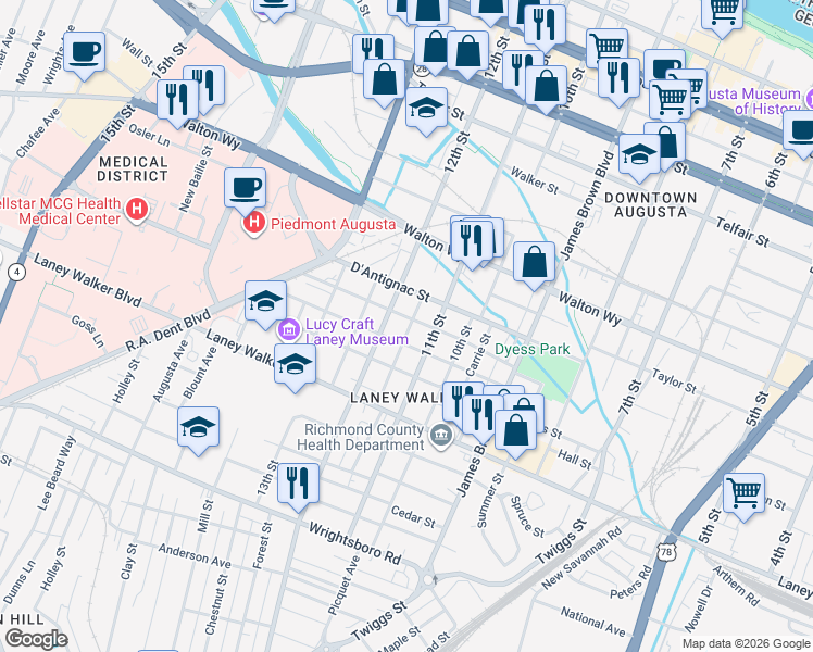 map of restaurants, bars, coffee shops, grocery stores, and more near 1118 Miller Street in Augusta
