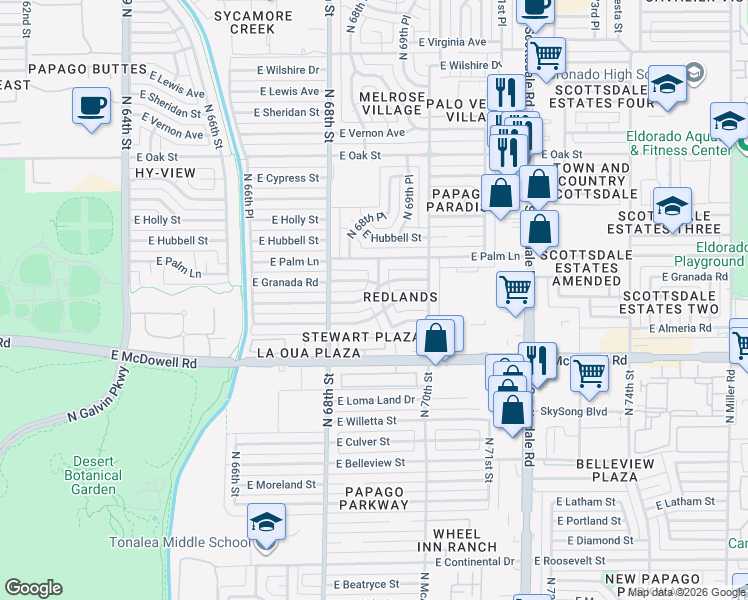 map of restaurants, bars, coffee shops, grocery stores, and more near 6845 East Coronado Road in Scottsdale