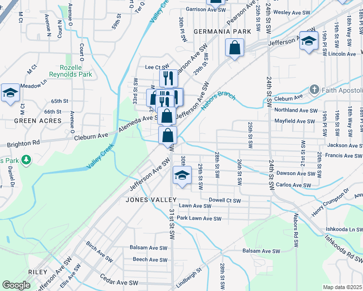 map of restaurants, bars, coffee shops, grocery stores, and more near 1716 30th Street Southwest in Birmingham