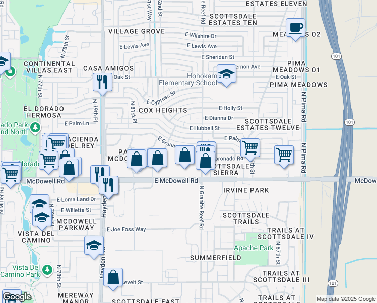 map of restaurants, bars, coffee shops, grocery stores, and more near 8343 East Granada Road in Scottsdale