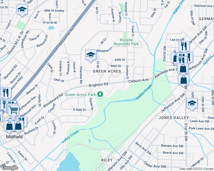 map of restaurants, bars, coffee shops, grocery stores, and more near 1413 Brighton Road in Birmingham