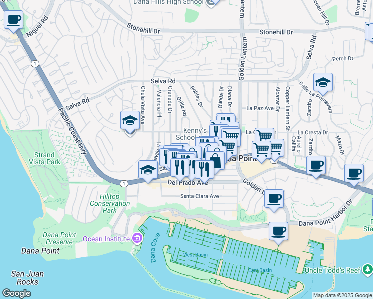 map of restaurants, bars, coffee shops, grocery stores, and more near 34081 Street of the Amber Lantern in Dana Point