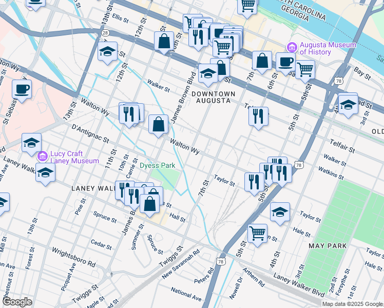 map of restaurants, bars, coffee shops, grocery stores, and more near 808 8th Street in Augusta