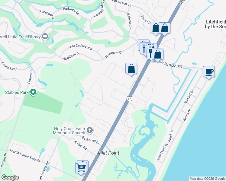 map of restaurants, bars, coffee shops, grocery stores, and more near 166 Yale Place in Pawleys Island