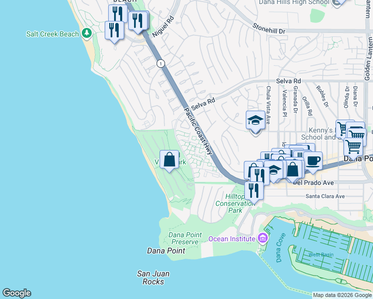 map of restaurants, bars, coffee shops, grocery stores, and more near 34112 Selva Road in Dana Point
