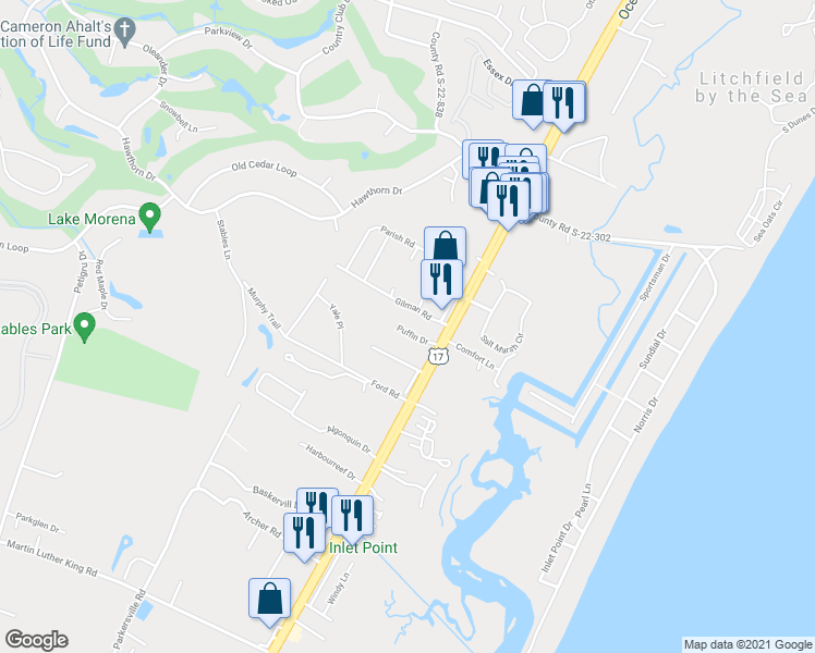 map of restaurants, bars, coffee shops, grocery stores, and more near 12759 Ocean Highway in Pawleys Island