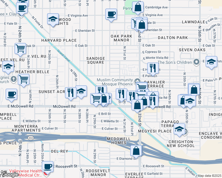 map of restaurants, bars, coffee shops, grocery stores, and more near 3002 East Coronado Road in Phoenix