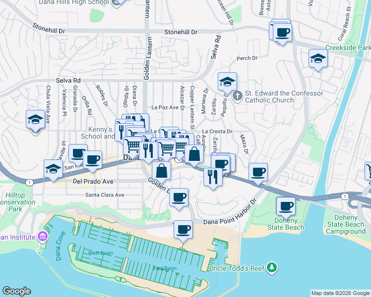 map of restaurants, bars, coffee shops, grocery stores, and more near 34082 Alcazar Drive in Dana Point