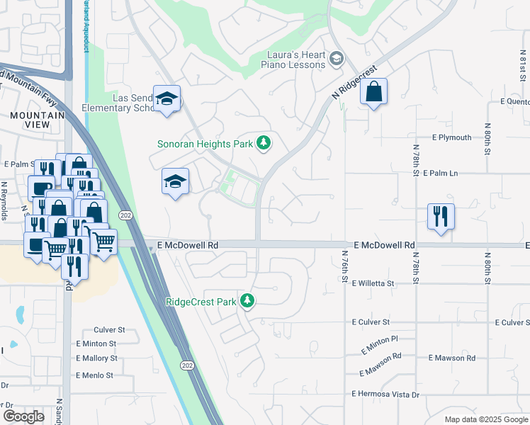 map of restaurants, bars, coffee shops, grocery stores, and more near 2862 North Rowen Circle in Mesa