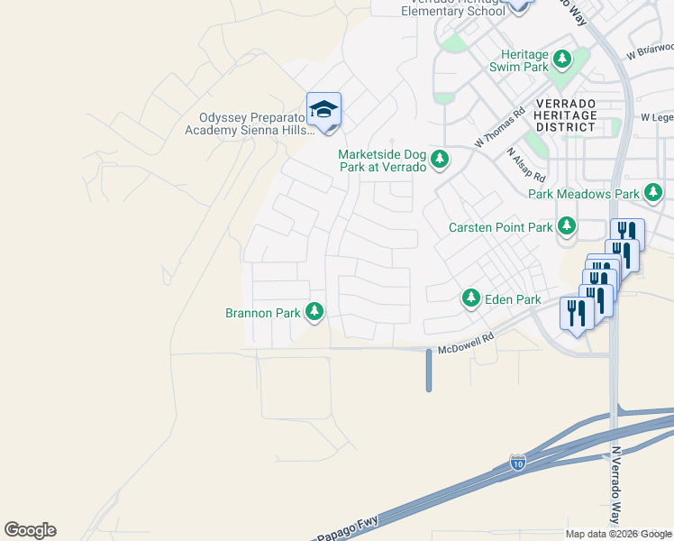 map of restaurants, bars, coffee shops, grocery stores, and more near 21293 West Granada Road in Buckeye
