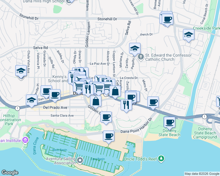 map of restaurants, bars, coffee shops, grocery stores, and more near 34092 Alcazar Drive in Dana Point