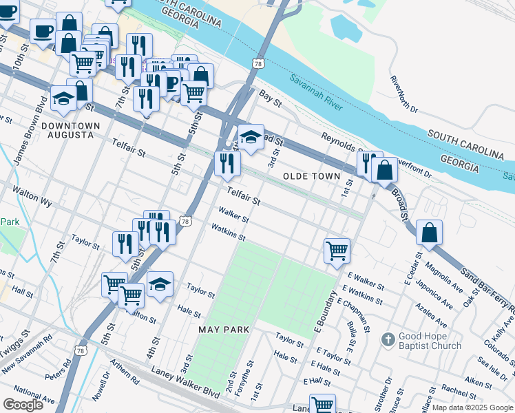 map of restaurants, bars, coffee shops, grocery stores, and more near 260 Telfair Street in Augusta