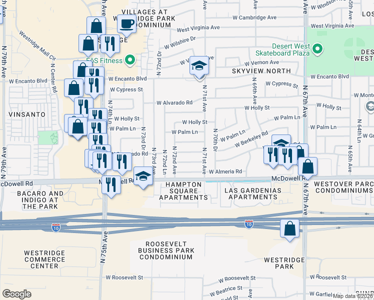 map of restaurants, bars, coffee shops, grocery stores, and more near 7134 West Berkeley Road in Phoenix