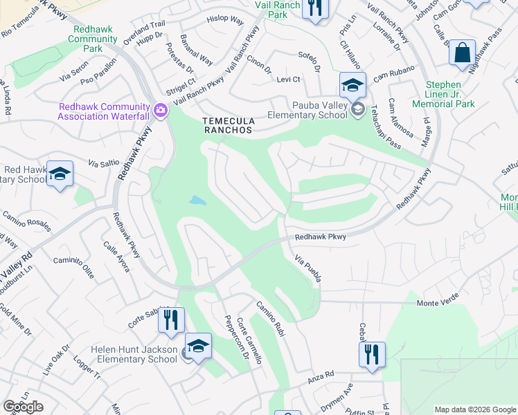 map of restaurants, bars, coffee shops, grocery stores, and more near 45360 Willowick Street in Temecula