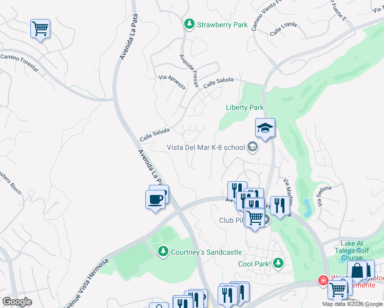 map of restaurants, bars, coffee shops, grocery stores, and more near 23 Via Villena in San Clemente