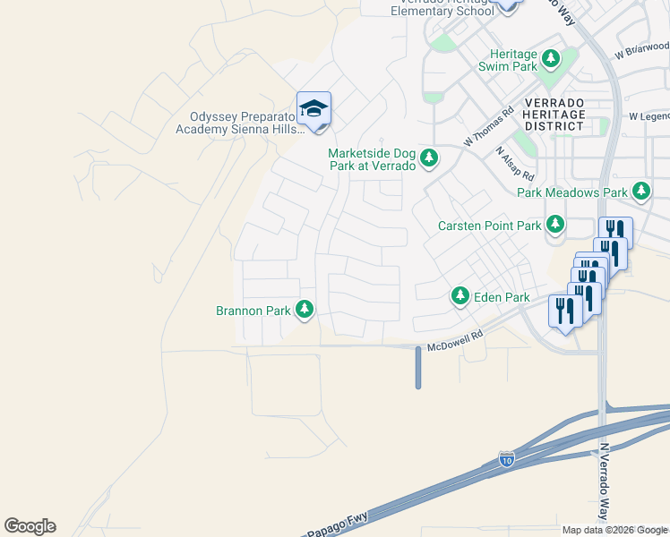 map of restaurants, bars, coffee shops, grocery stores, and more near 21223 West Granada Road in Buckeye