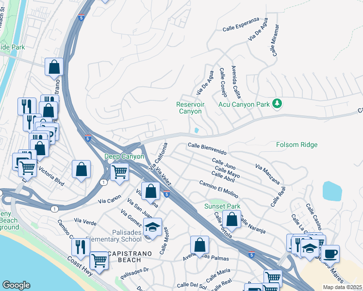 map of restaurants, bars, coffee shops, grocery stores, and more near 611 Calle Bienvenido in San Clemente