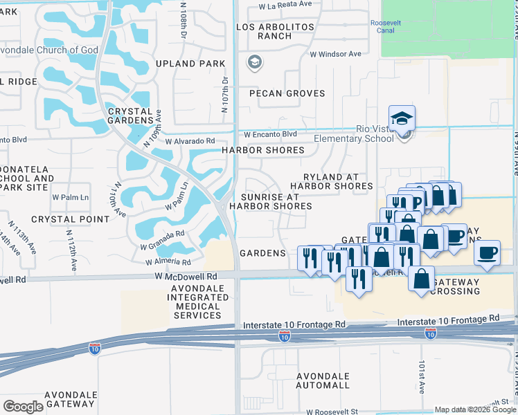 map of restaurants, bars, coffee shops, grocery stores, and more near 10628 West Coronado Road in Avondale