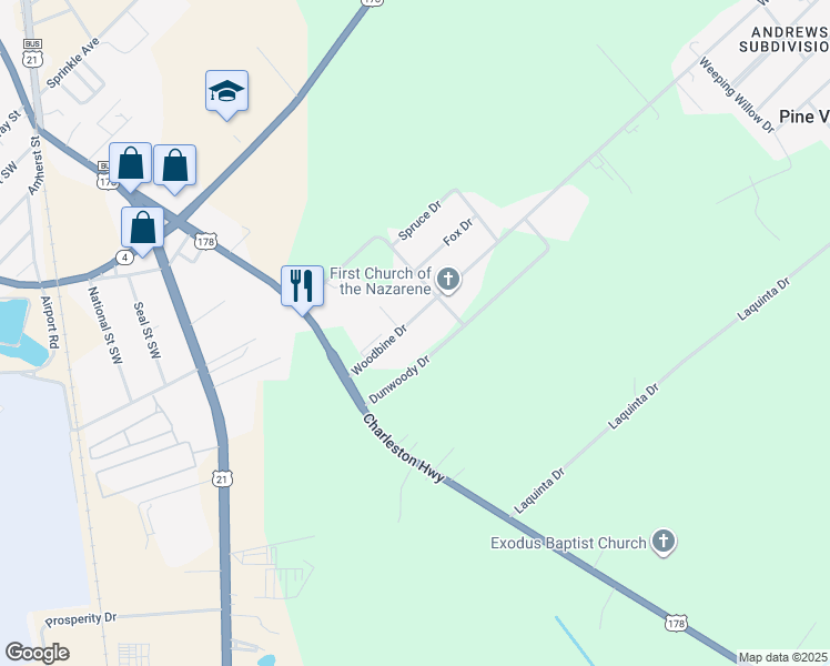 map of restaurants, bars, coffee shops, grocery stores, and more near 330 Woodbine Drive in Orangeburg