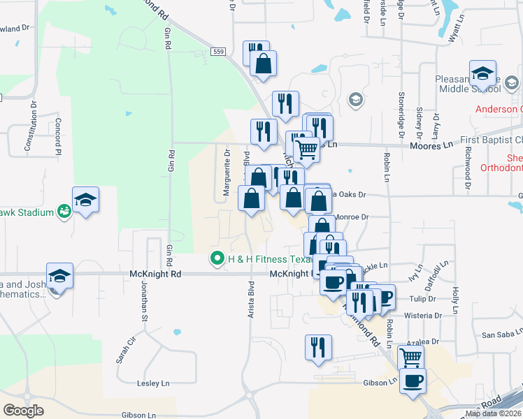 map of restaurants, bars, coffee shops, grocery stores, and more near 4301 Galleria Oaks Drive in Texarkana