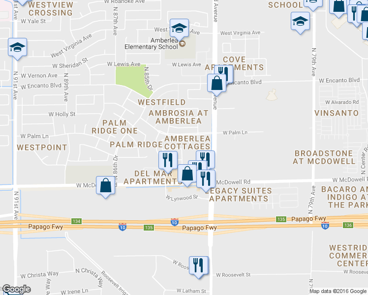 map of restaurants, bars, coffee shops, grocery stores, and more near 1825 North 84th Avenue in Phoenix