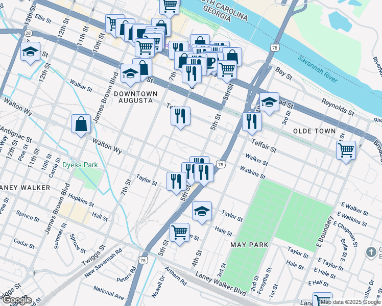 map of restaurants, bars, coffee shops, grocery stores, and more near 625 5th Street in Augusta