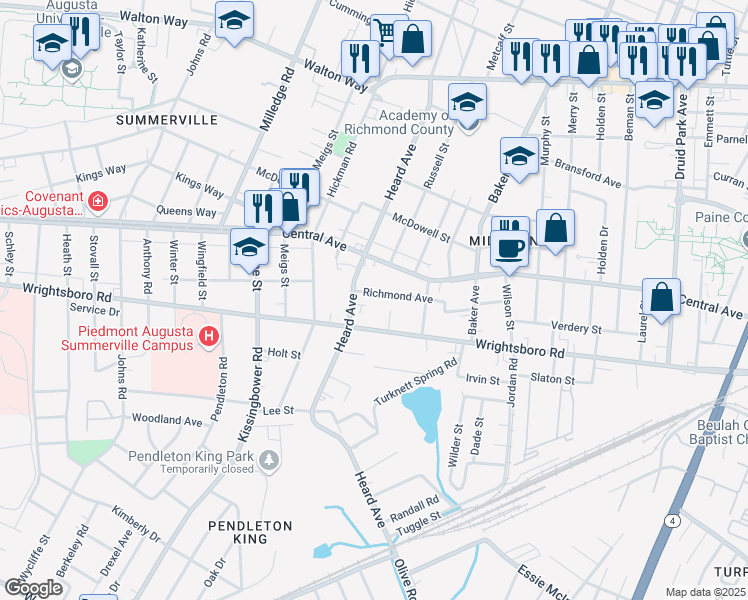 map of restaurants, bars, coffee shops, grocery stores, and more near 2024 Richmond Avenue in Augusta
