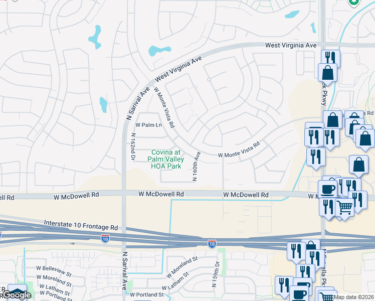 map of restaurants, bars, coffee shops, grocery stores, and more near 16056 West Berkeley Road in Goodyear