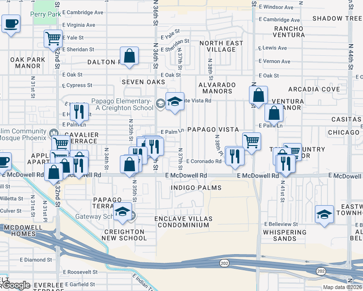 map of restaurants, bars, coffee shops, grocery stores, and more near 1825 North 37th Street in Phoenix