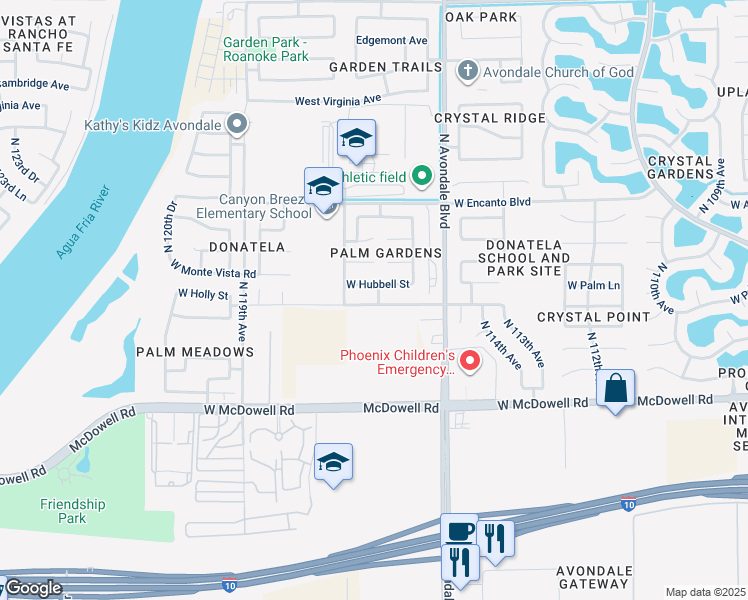 map of restaurants, bars, coffee shops, grocery stores, and more near 11606 West Palm Lane in Avondale
