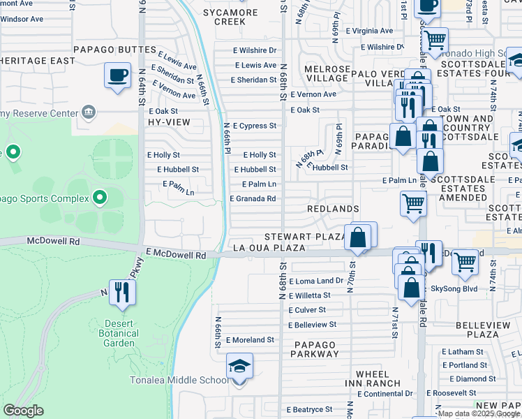 map of restaurants, bars, coffee shops, grocery stores, and more near 6720 East Coronado Road in Scottsdale