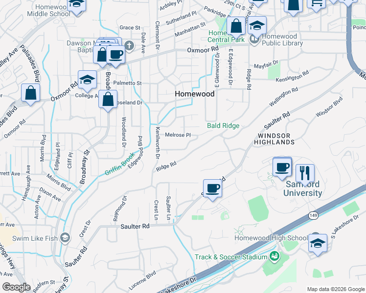 map of restaurants, bars, coffee shops, grocery stores, and more near 1424 Overlook Rd in Birmingham