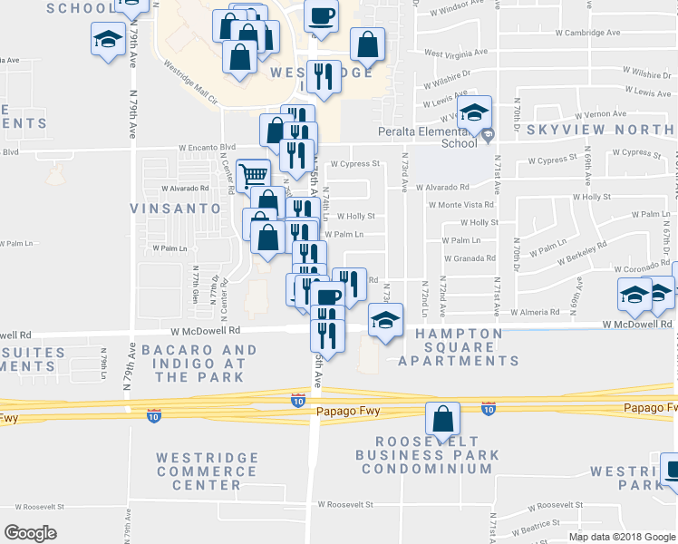 map of restaurants, bars, coffee shops, grocery stores, and more near 1808 North 74th Avenue in Phoenix