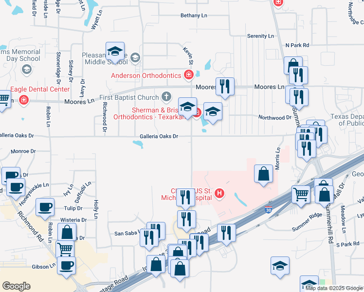 map of restaurants, bars, coffee shops, grocery stores, and more near 5415 Cowhorn Creek Road in Texarkana