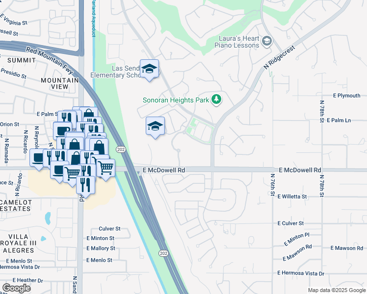 map of restaurants, bars, coffee shops, grocery stores, and more near 2851 North Boulder Canyon in Mesa