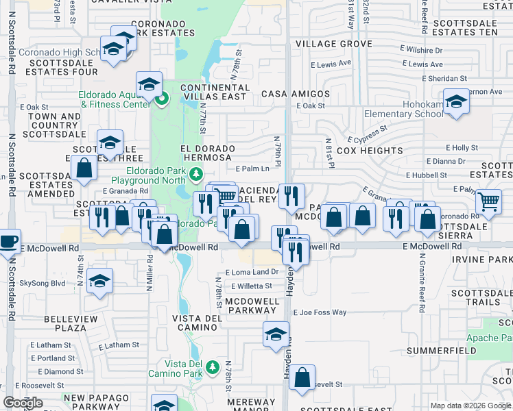 map of restaurants, bars, coffee shops, grocery stores, and more near 7919 East Coronado Road in Scottsdale