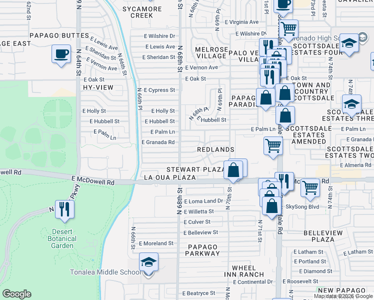map of restaurants, bars, coffee shops, grocery stores, and more near 6802 East Coronado Road in Scottsdale