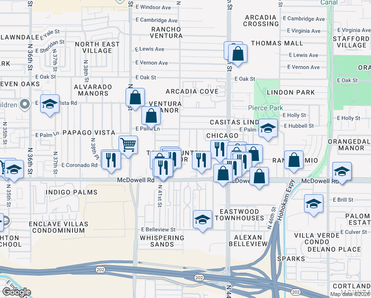 map of restaurants, bars, coffee shops, grocery stores, and more near 4148 East Coronado Road in Phoenix