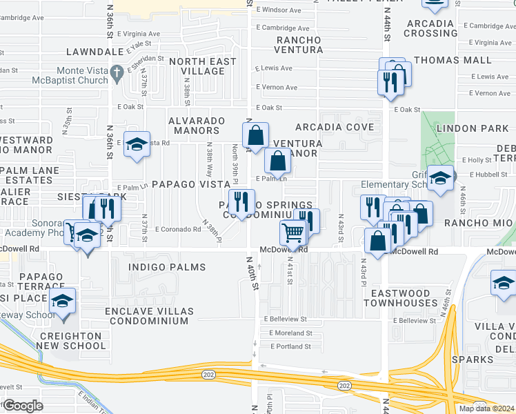 map of restaurants, bars, coffee shops, grocery stores, and more near 1819 North 40th Street in Phoenix