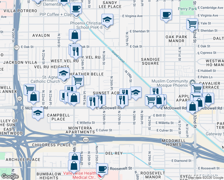 map of restaurants, bars, coffee shops, grocery stores, and more near 1811 North 26th Place in Phoenix