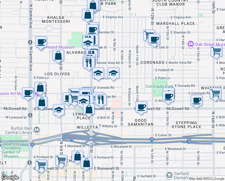 map of restaurants, bars, coffee shops, grocery stores, and more near 921 East Granada Road in Phoenix