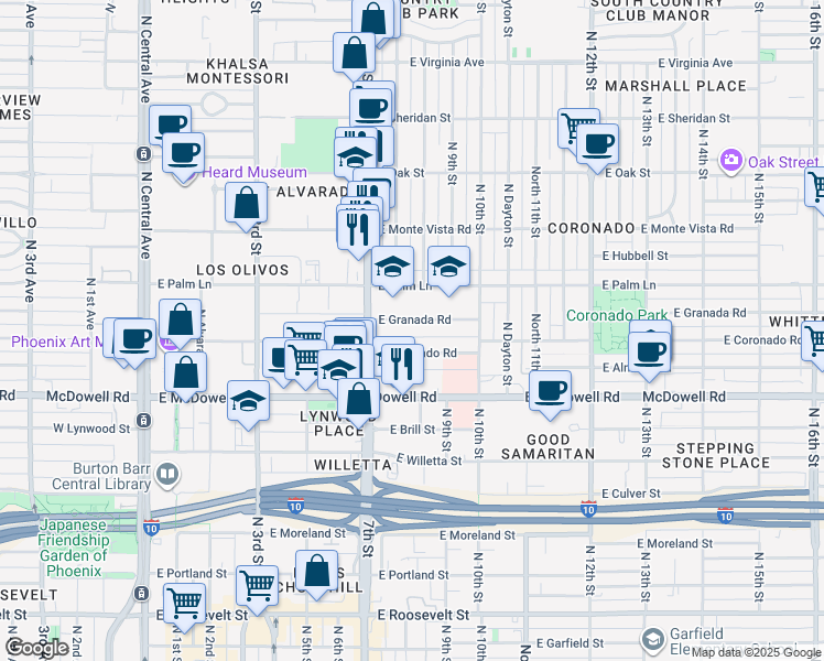 map of restaurants, bars, coffee shops, grocery stores, and more near 733 East Granada Road in Phoenix