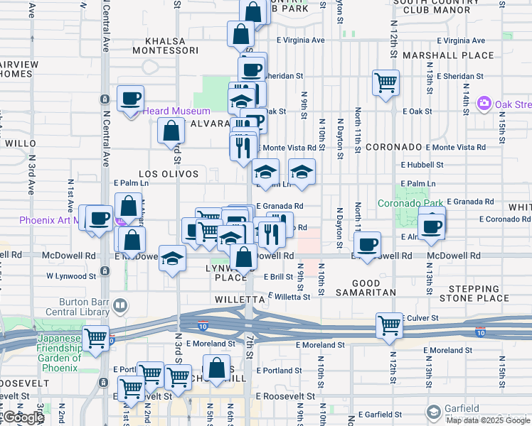 map of restaurants, bars, coffee shops, grocery stores, and more near 733 East Granada Road in Phoenix