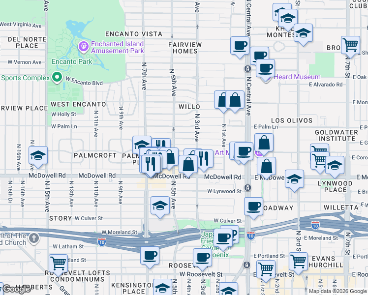 map of restaurants, bars, coffee shops, grocery stores, and more near 334 West Coronado Road in Phoenix