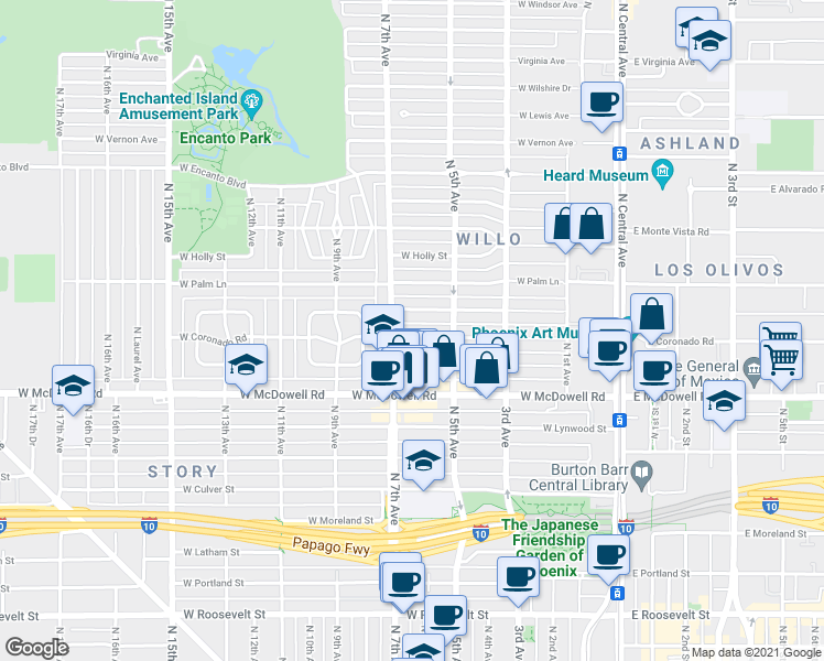 map of restaurants, bars, coffee shops, grocery stores, and more near 522 West Coronado Road in Phoenix