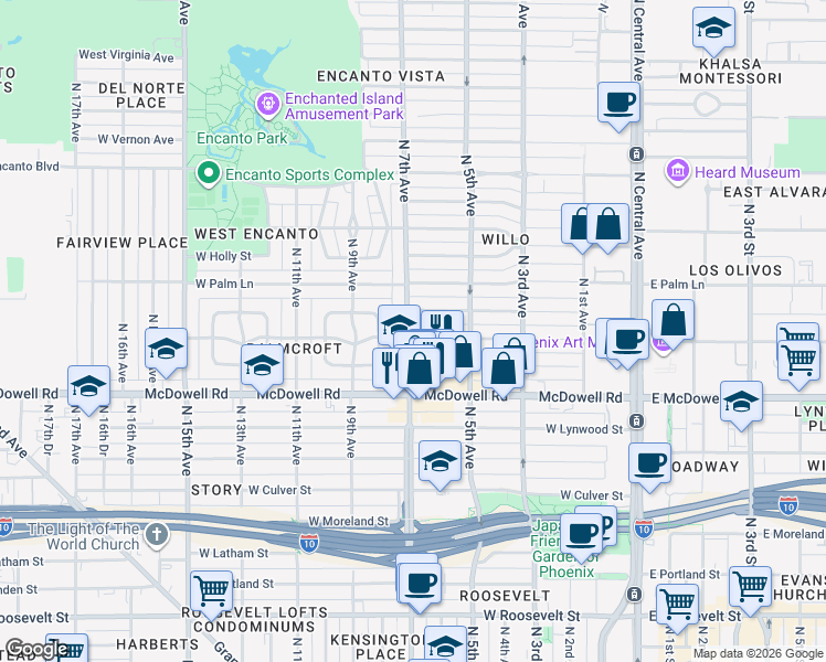 map of restaurants, bars, coffee shops, grocery stores, and more near 1808 North 7th Avenue in Phoenix