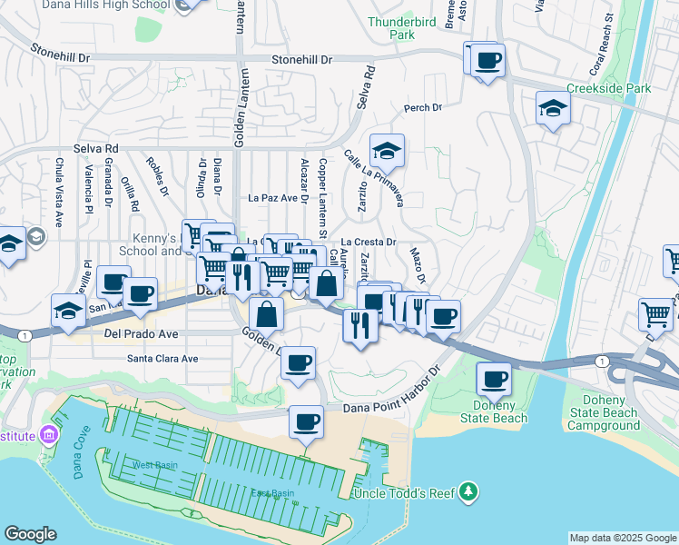 map of restaurants, bars, coffee shops, grocery stores, and more near 34081 Aurelio in Dana Point